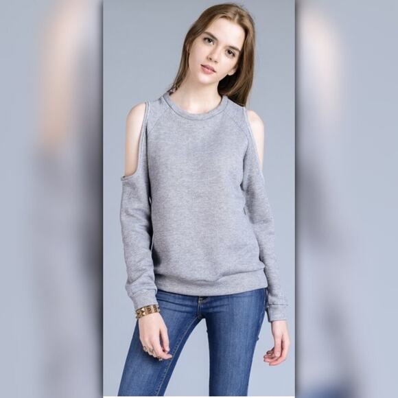 A067-B • Grey Cold Shoulder Crew Neck Pullover Sweater - Picture 2 of 5